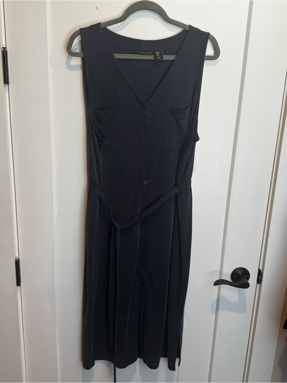 Tahari navy Sleeveless Button-Front Midi Dress with Waist Tie